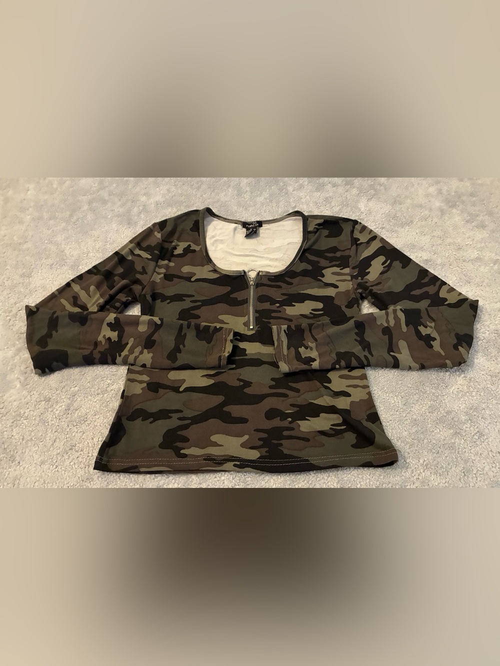 Women’s Rue 21 Size Medium Camo Zip-Neck Long Sleeve Top - Olive Green
